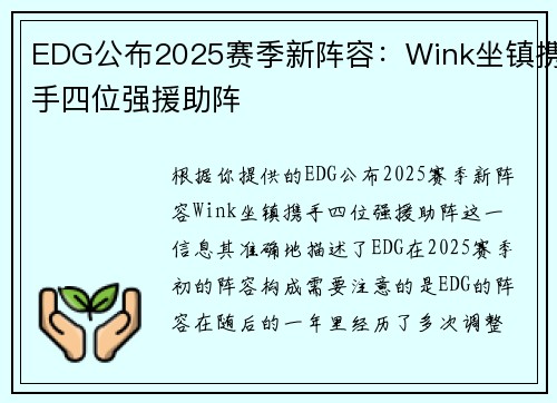 EDG公布2025赛季新阵容：Wink坐镇携手四位强援助阵